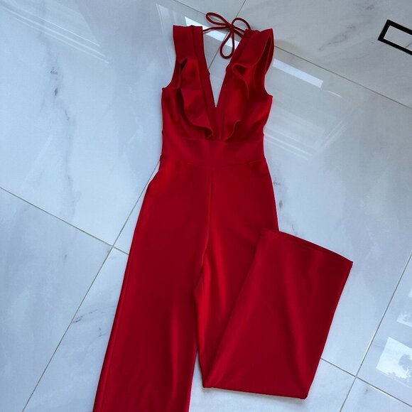 Crave Fame | Red Jumpsuit | Medium | Ruffle Plunge Neckline | Wide Leg - Picture 6 of 16